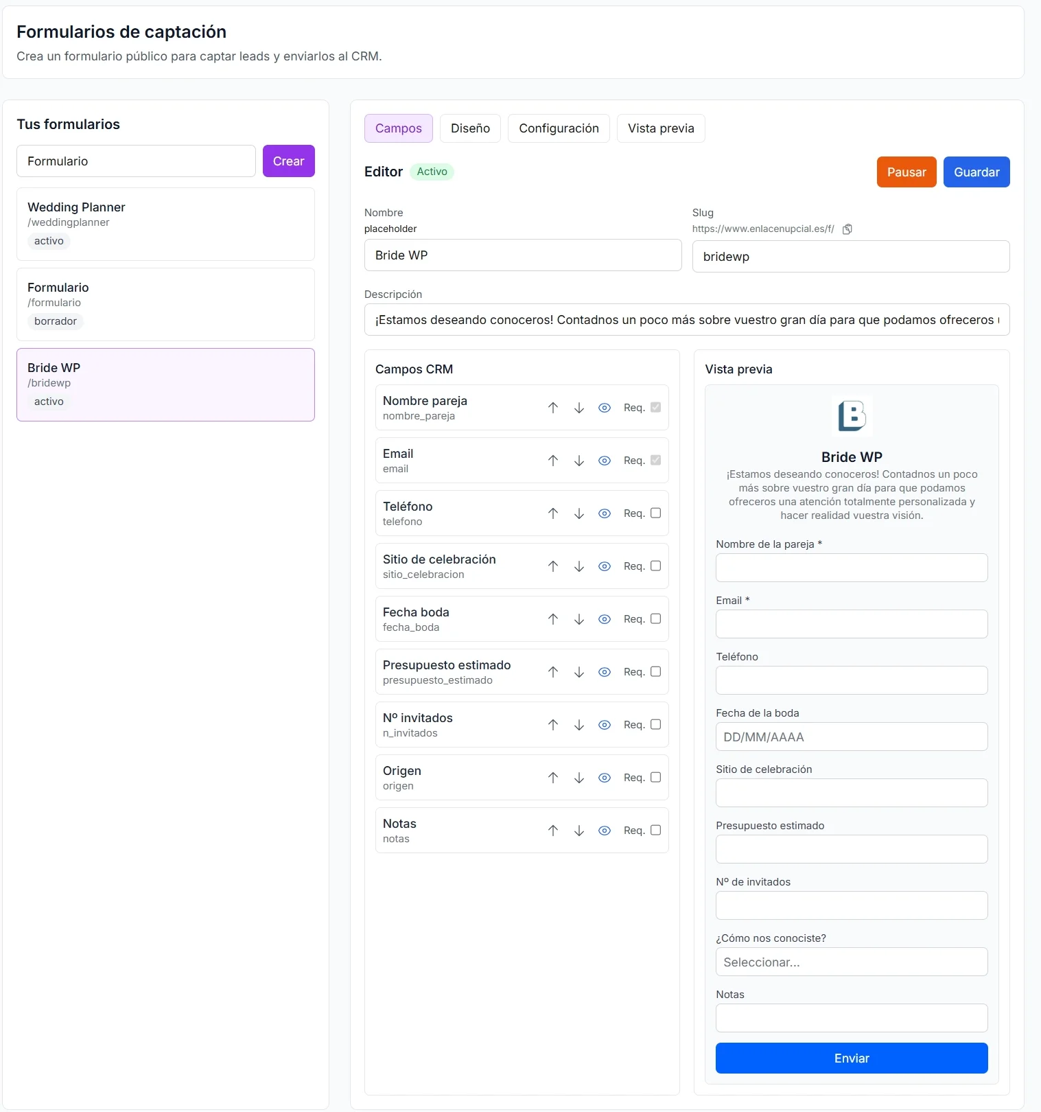 Editor de formularios de captación y vista previa