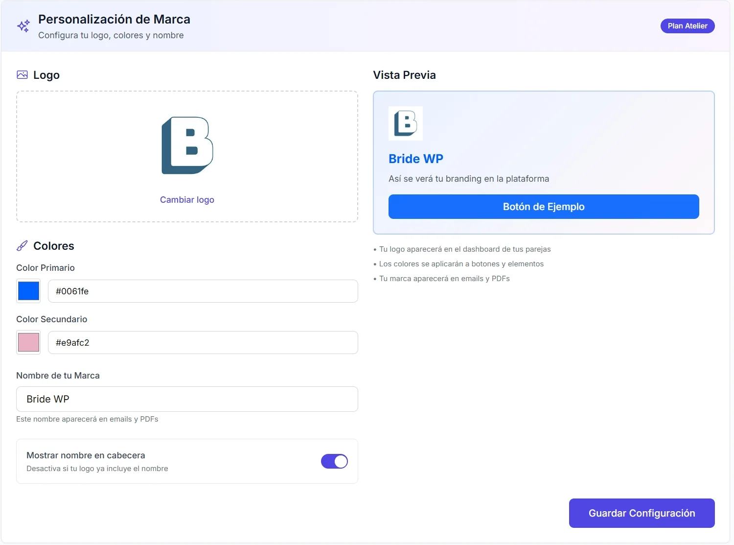 Personalización de marca y vista previa Atelier