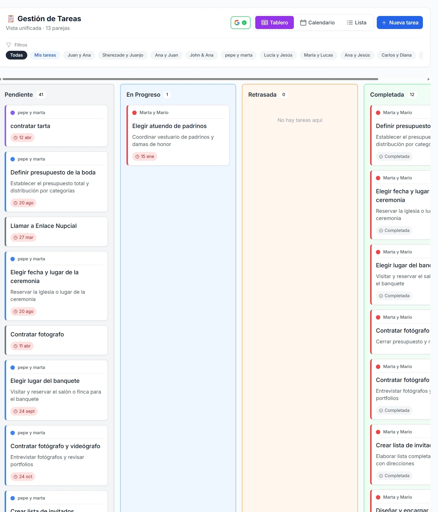 Tablero Kanban de tareas unificado por parejas